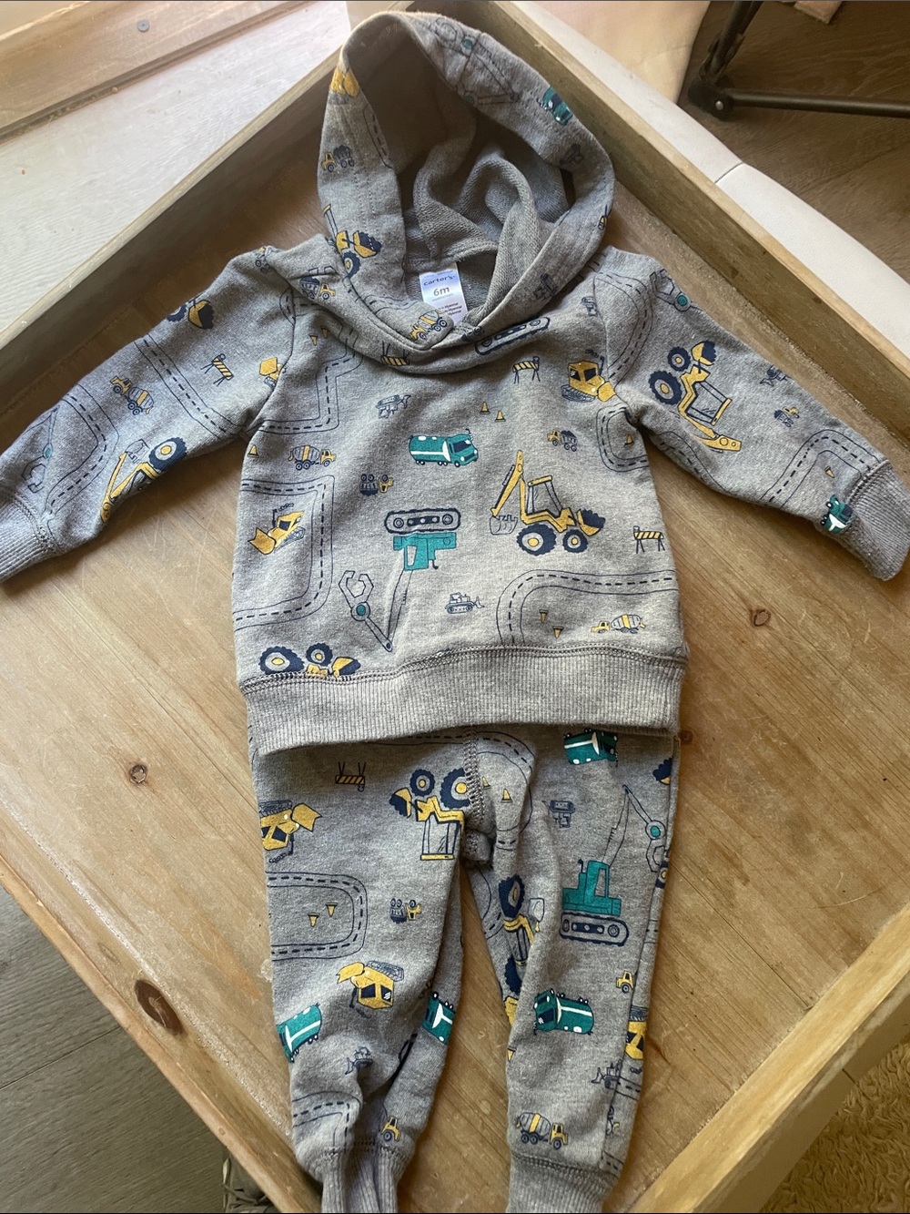 Carter's Gray Hoodie & Joggers Set with Yellow and Teal Construction Trucks